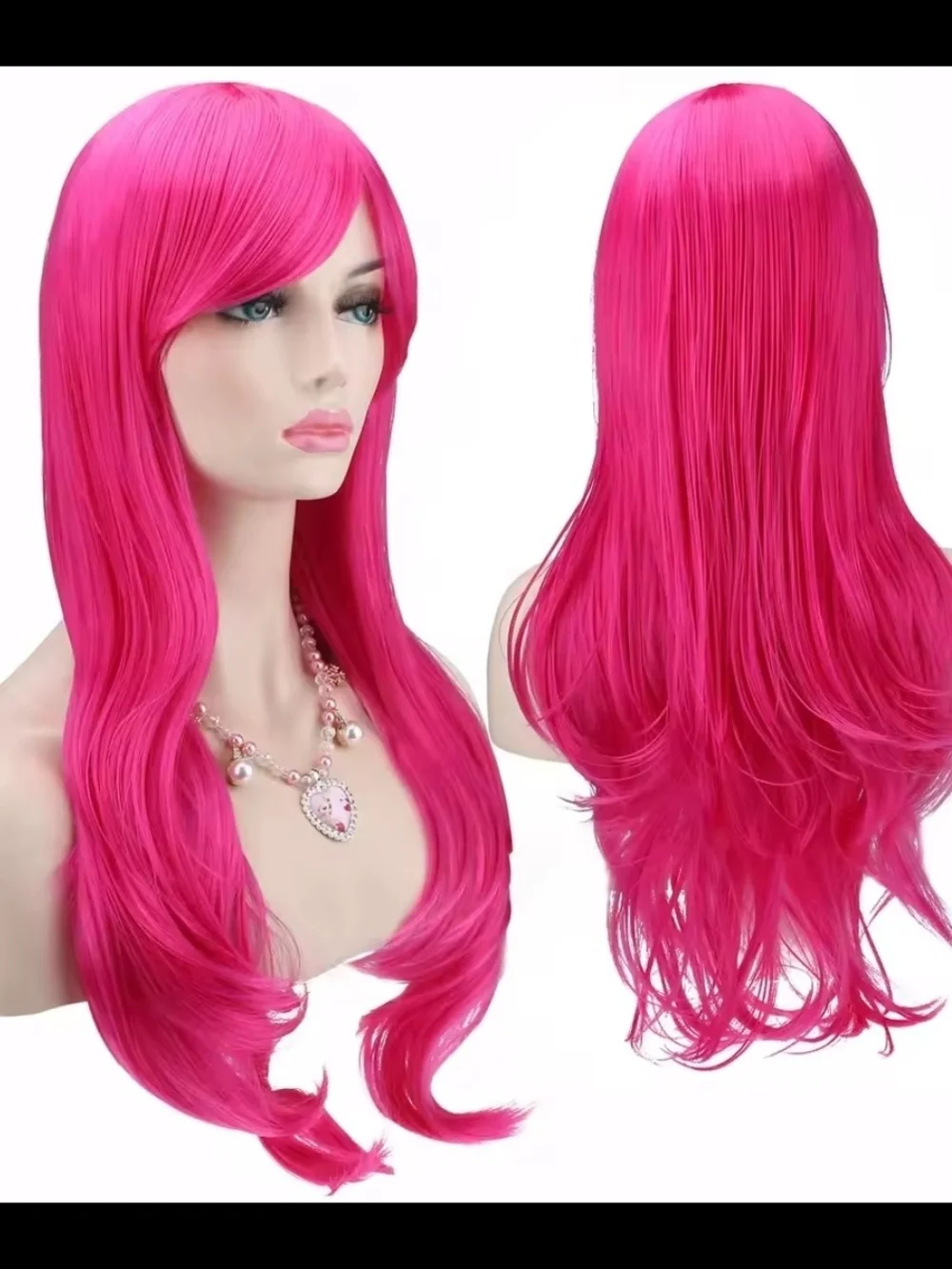Bright Hot Pink Long Synthetic Costume Wig with Side Bangs